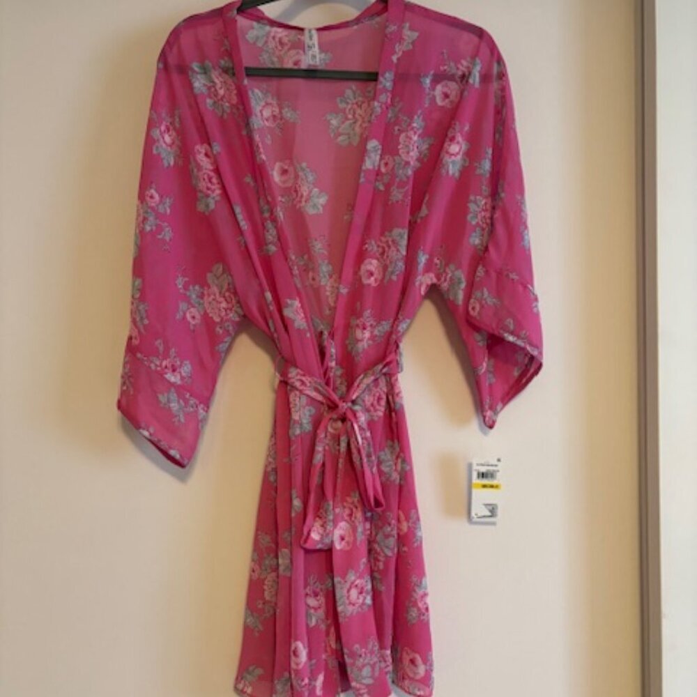 Flora Nikrooz Womens Floral Chiffon Robe Dark Pink size Medium - Picture 3 of 6